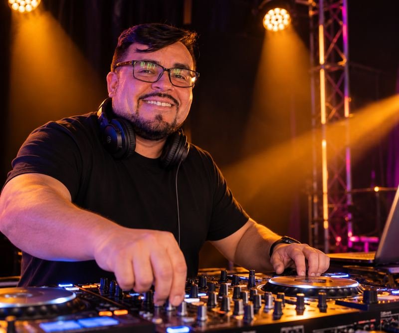 Franco Guzmán sonriendo en la consola de DJ