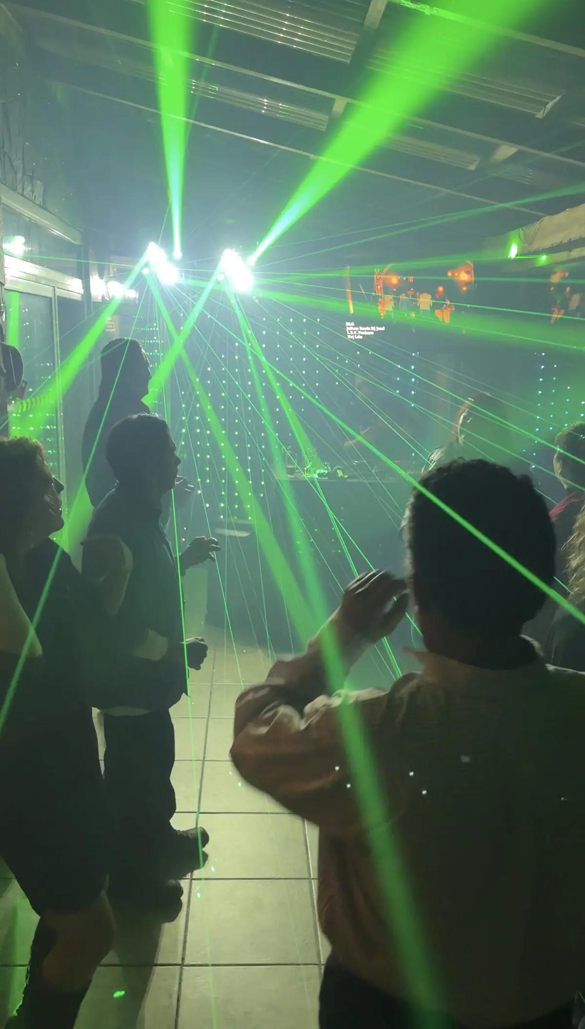 Invitados bailando bajo luces láser verdes